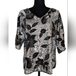AD Clever Fingers Vintage 80's Silver and Black Sequined Cocktail Blouse…